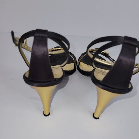 Franco Sarto L-Gabor Black Satin Open Toe Heels Gold W/Rhinestones Size 6.5 - Picture 5 of 11